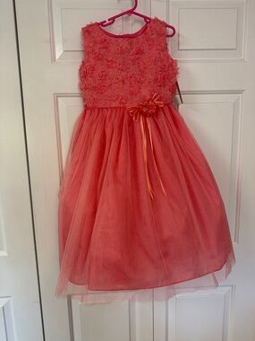 Ellie Kids Coral Floral Applique Tulle Party Dress